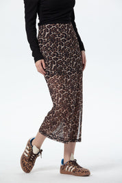 Falda Mujer Midi Leopardo Malla Café