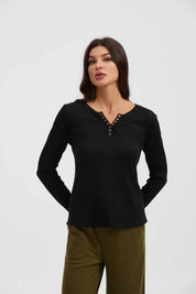 Polera Mujer Manga Larga Abertura En V Negro