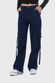Jeans Mujer Amarras Calce Cargo Azul