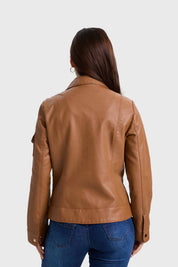 Chaqueta Mujer Efecto Cuero Abotonado Café