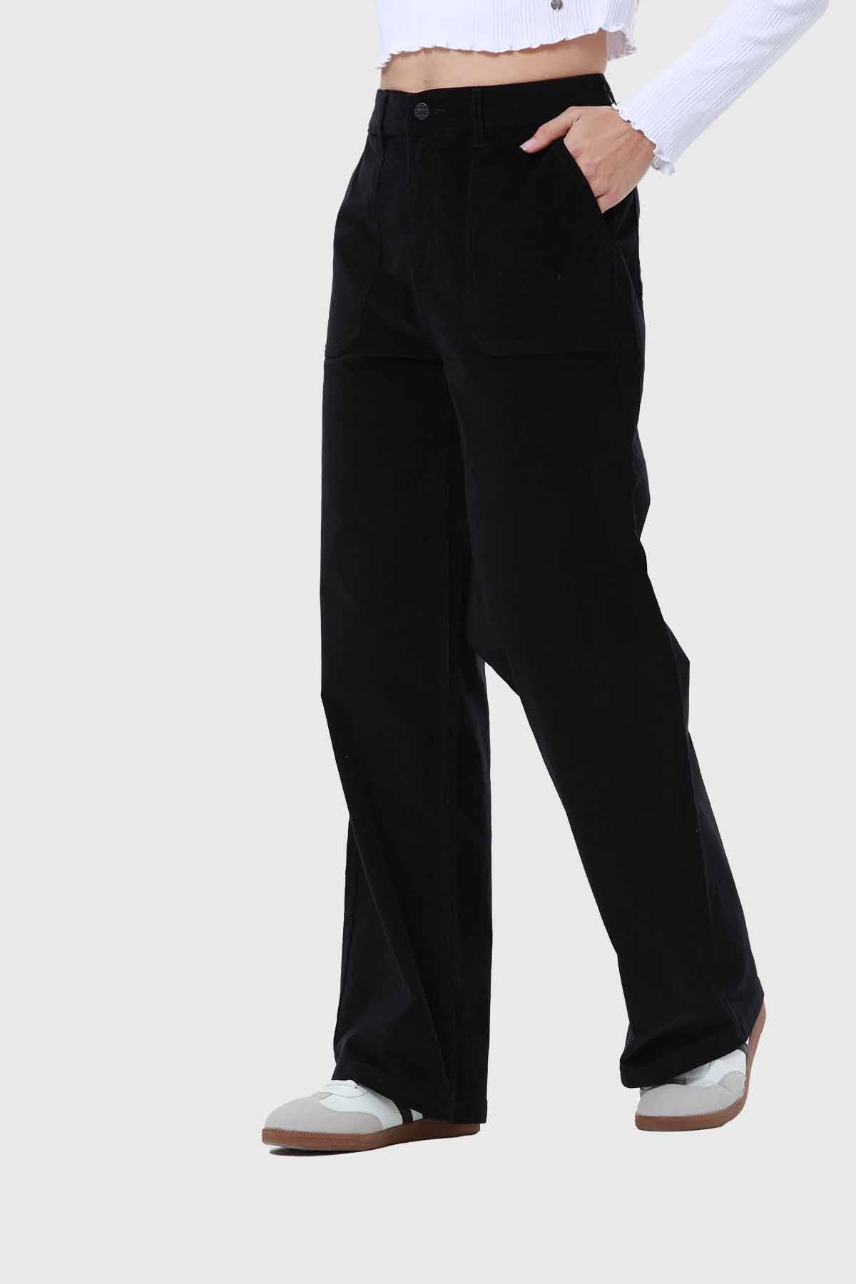 Pantalón Mujer Wide Leg Cotelé Negro