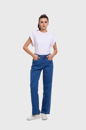 Jeans Mujer Recto Ajuste Cintura Azul