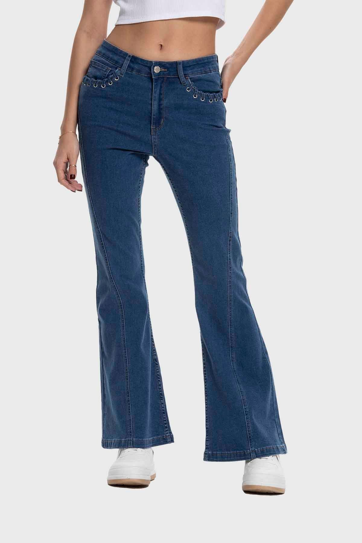 Jeans Mujer Flare Ojetillo Azul