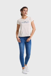 Polera Mujer Print Aplicación Crema