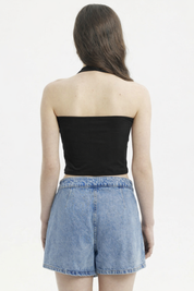 Polera peto mujer halter liso crop negro sin estampa ideal para combinar en cualquier ocasión