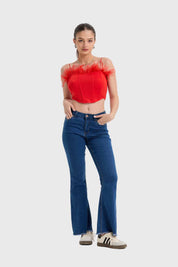 Polera Mujer Corset Plumas Rojo