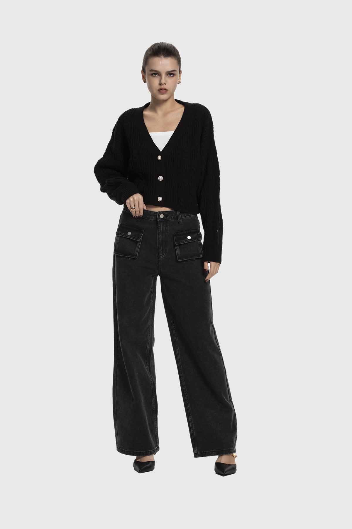 Sweater Mujer Cuello V Abierto Negro