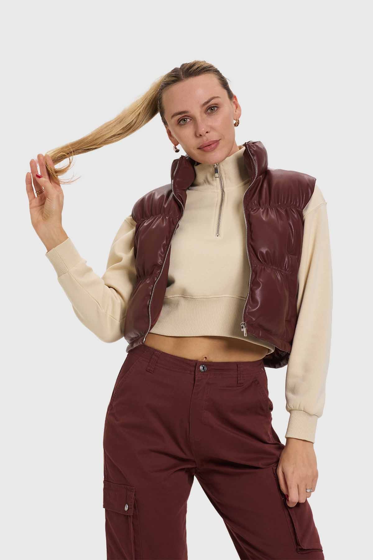 Parka Mujer Efecto Cuero Café