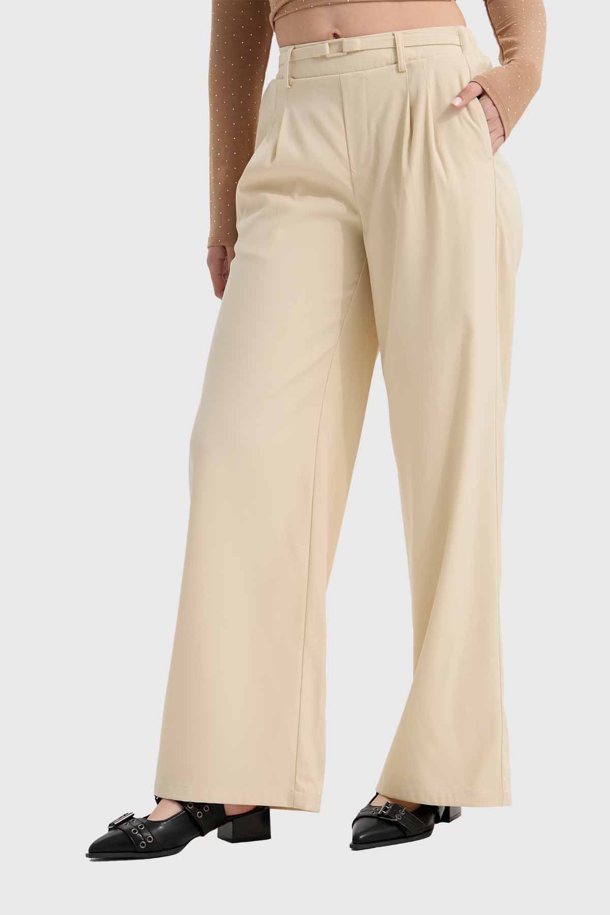 Pantalón Mujer Sastre Cinturón Beige