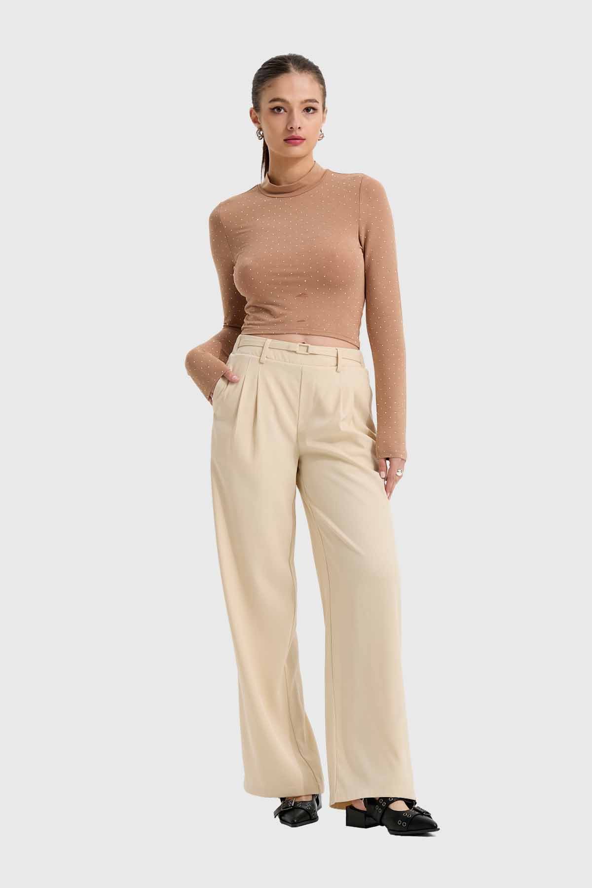 Pantalón Mujer Sastre Cinturón Beige