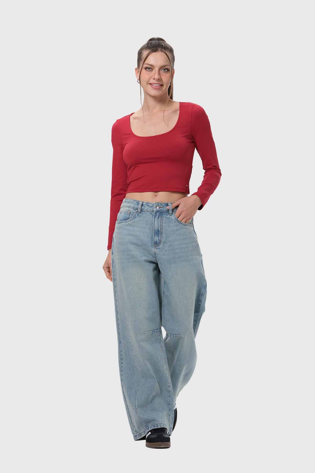 Polera Mujer Escote Cuadrado Rojo