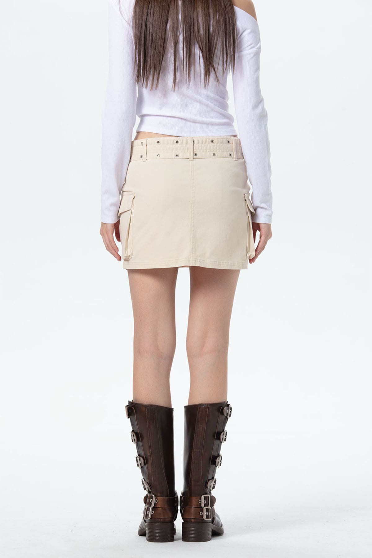 Falda Mujer Cinturón Ojetillo Beige
