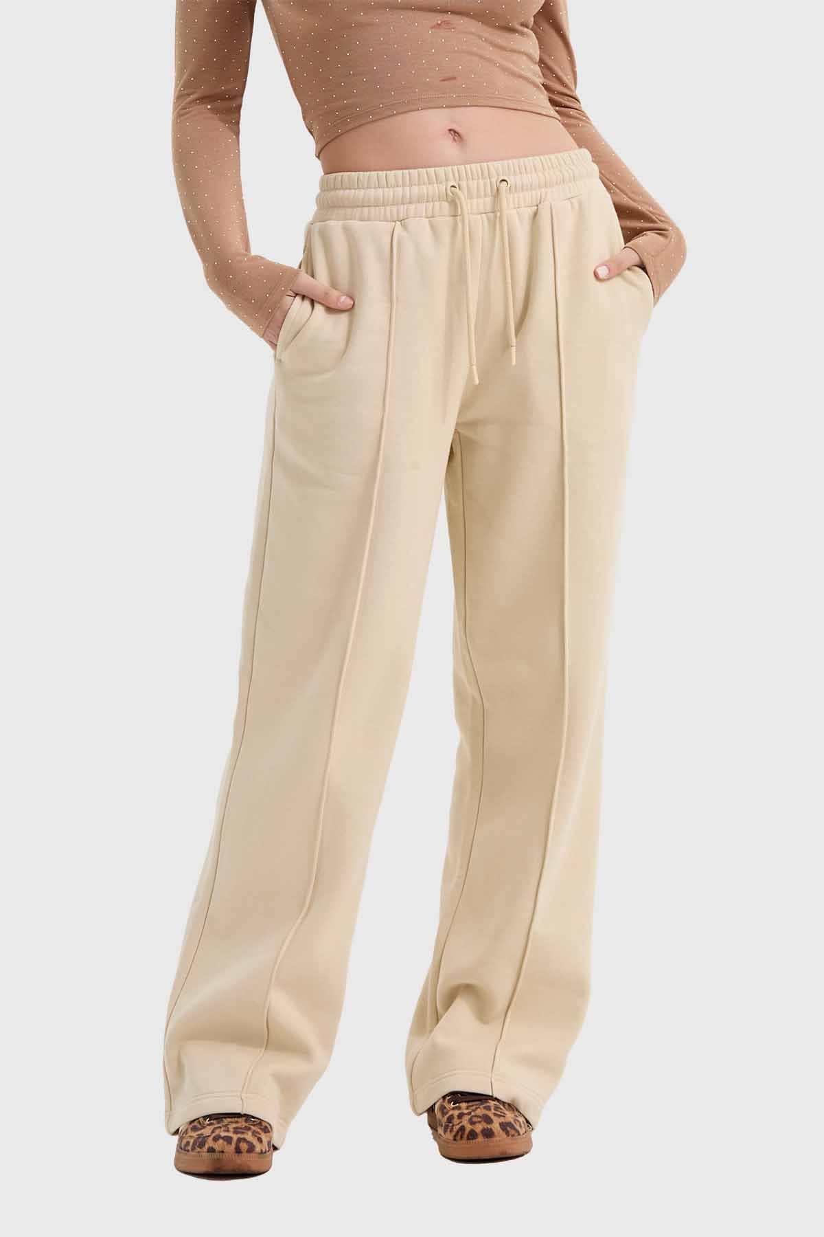 Pantalón Mujer Doble Pretina Beige