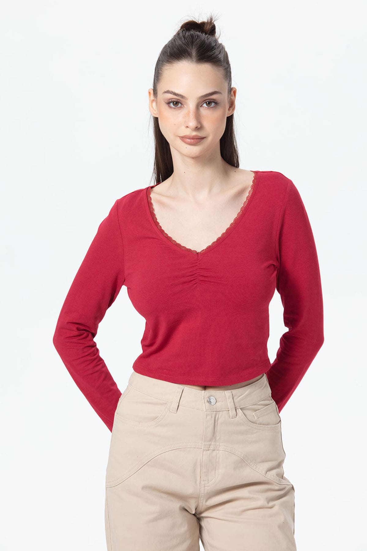 Polera Mujer Detalle Encaje Rojo