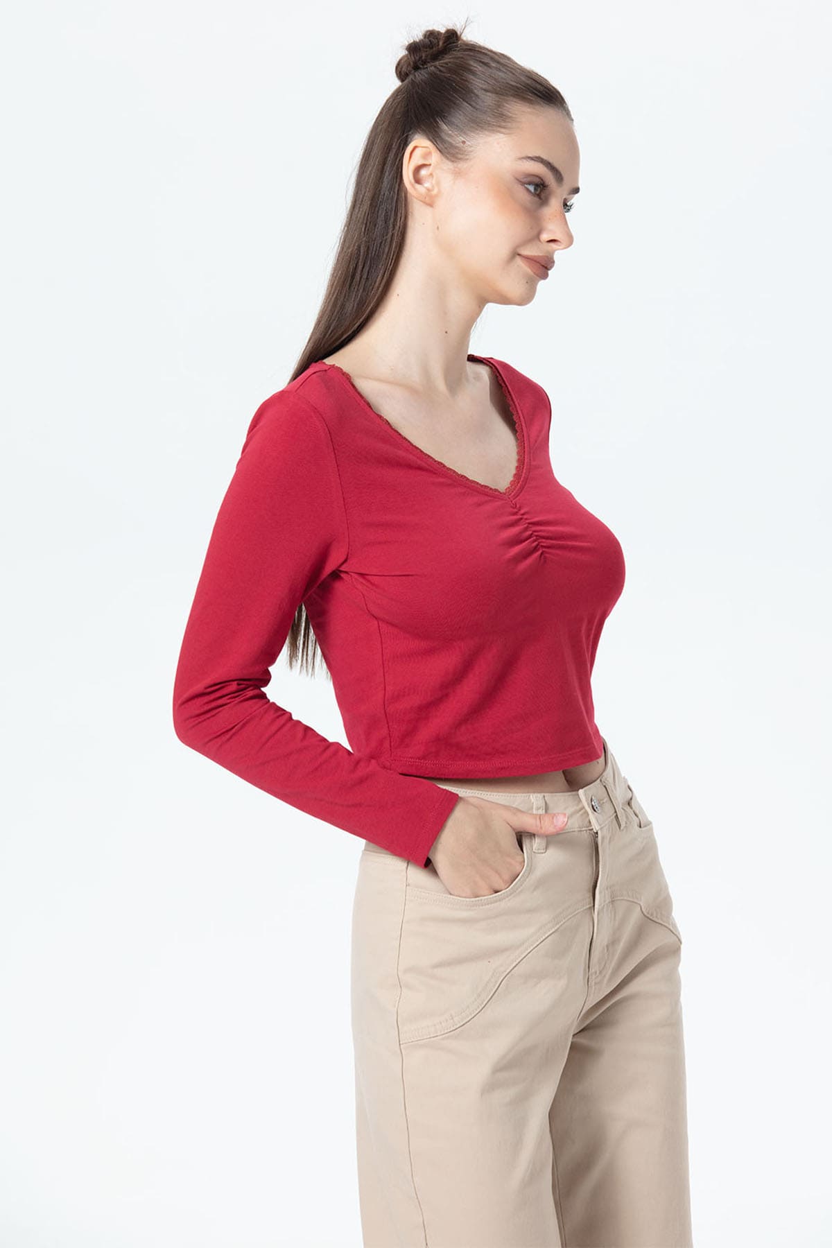 Polera Mujer Detalle Encaje Rojo