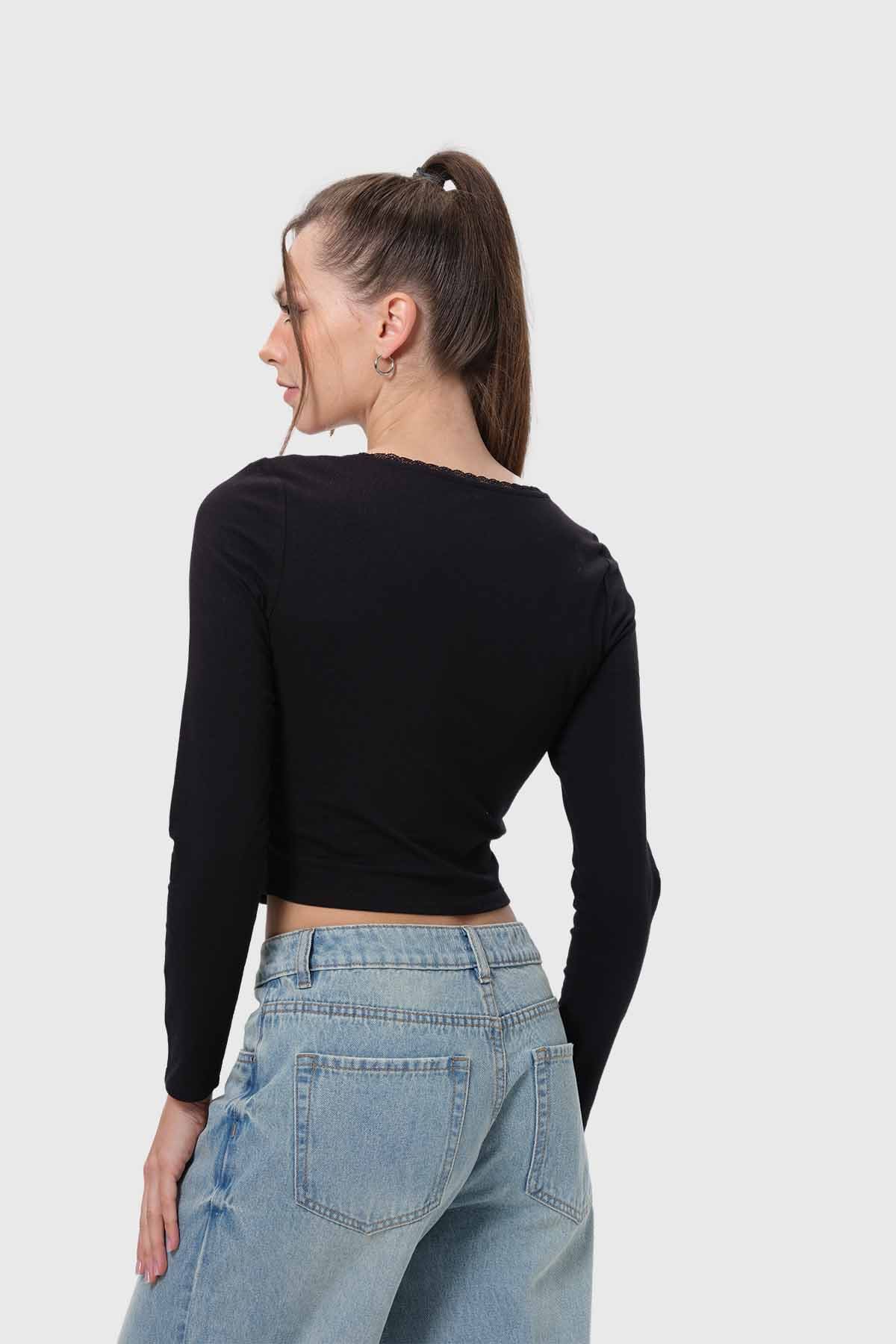 Polera Mujer Detalle Encaje Negro
