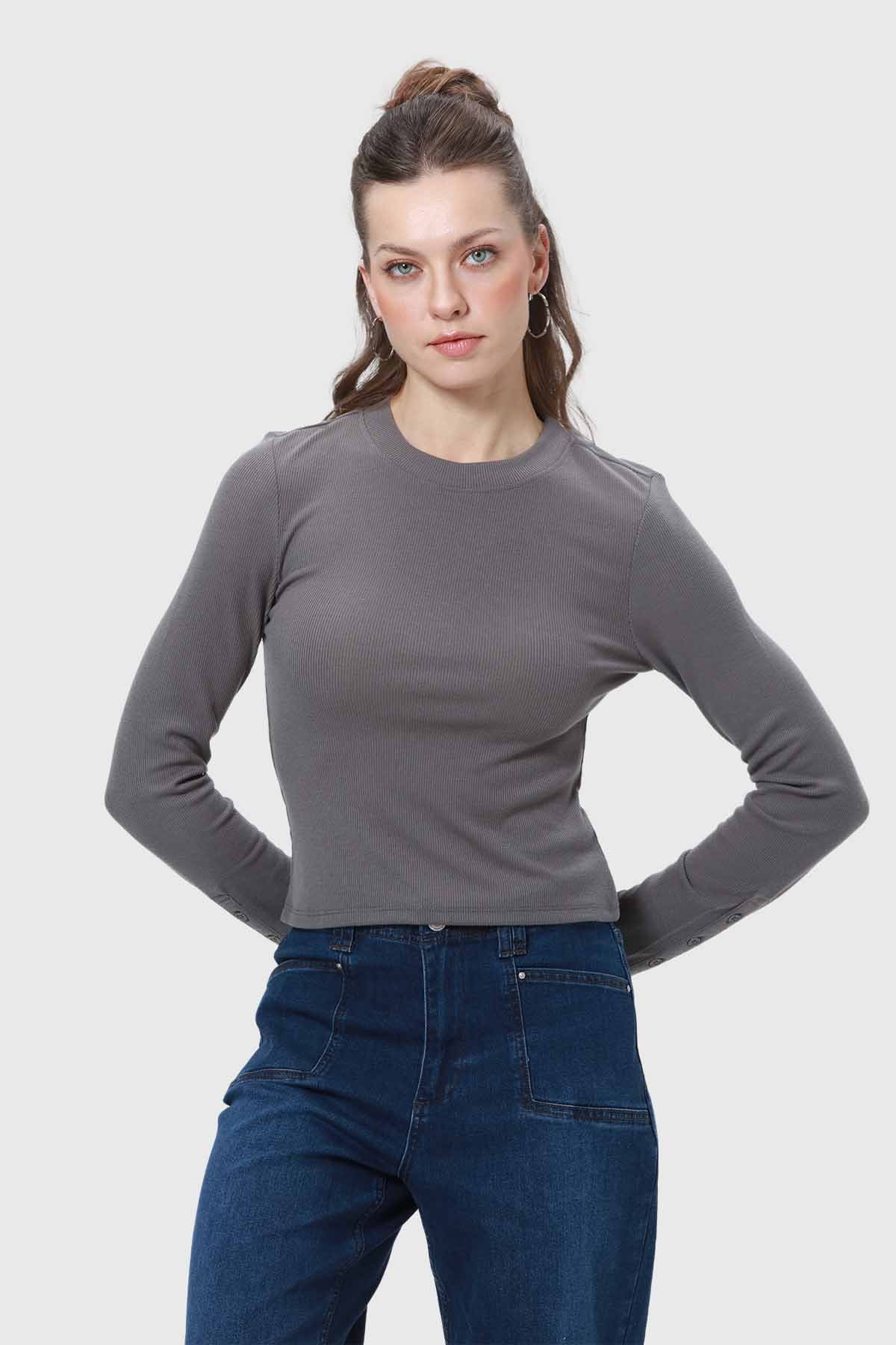 Polera Mujer Botones Gris