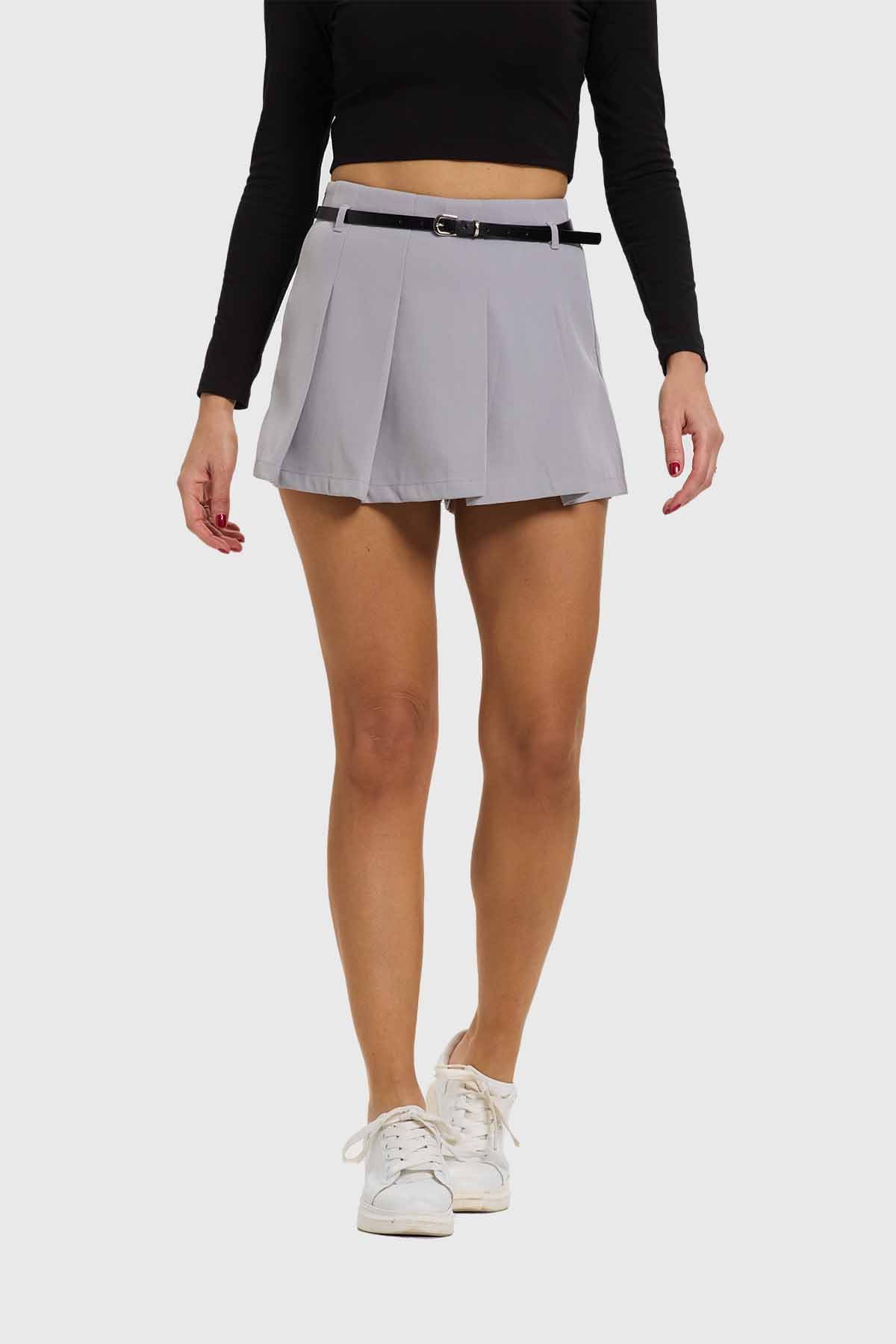 Falda Mujer Tablas Cinturón Gris