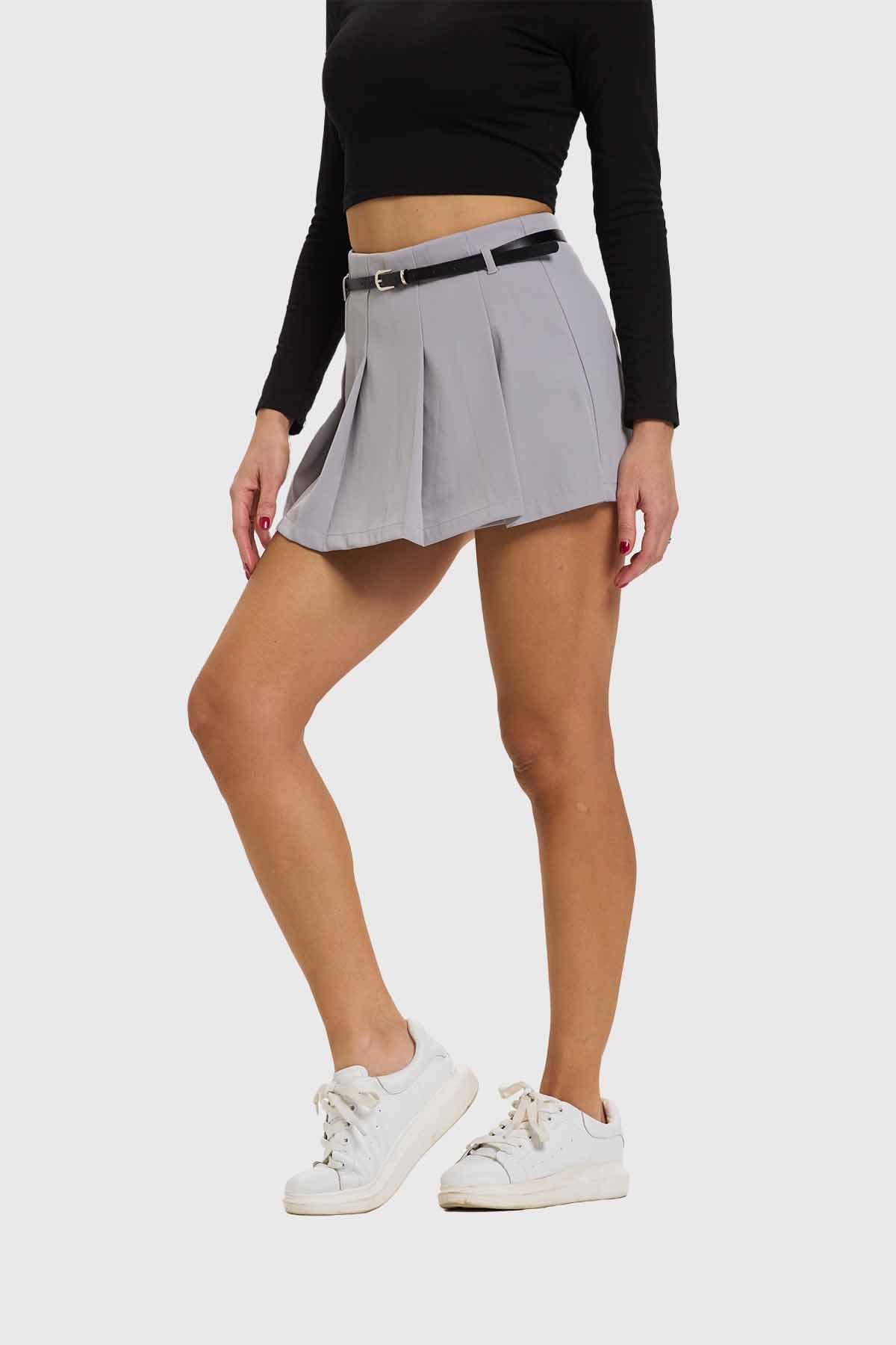 Falda Mujer Tablas Cinturón Gris