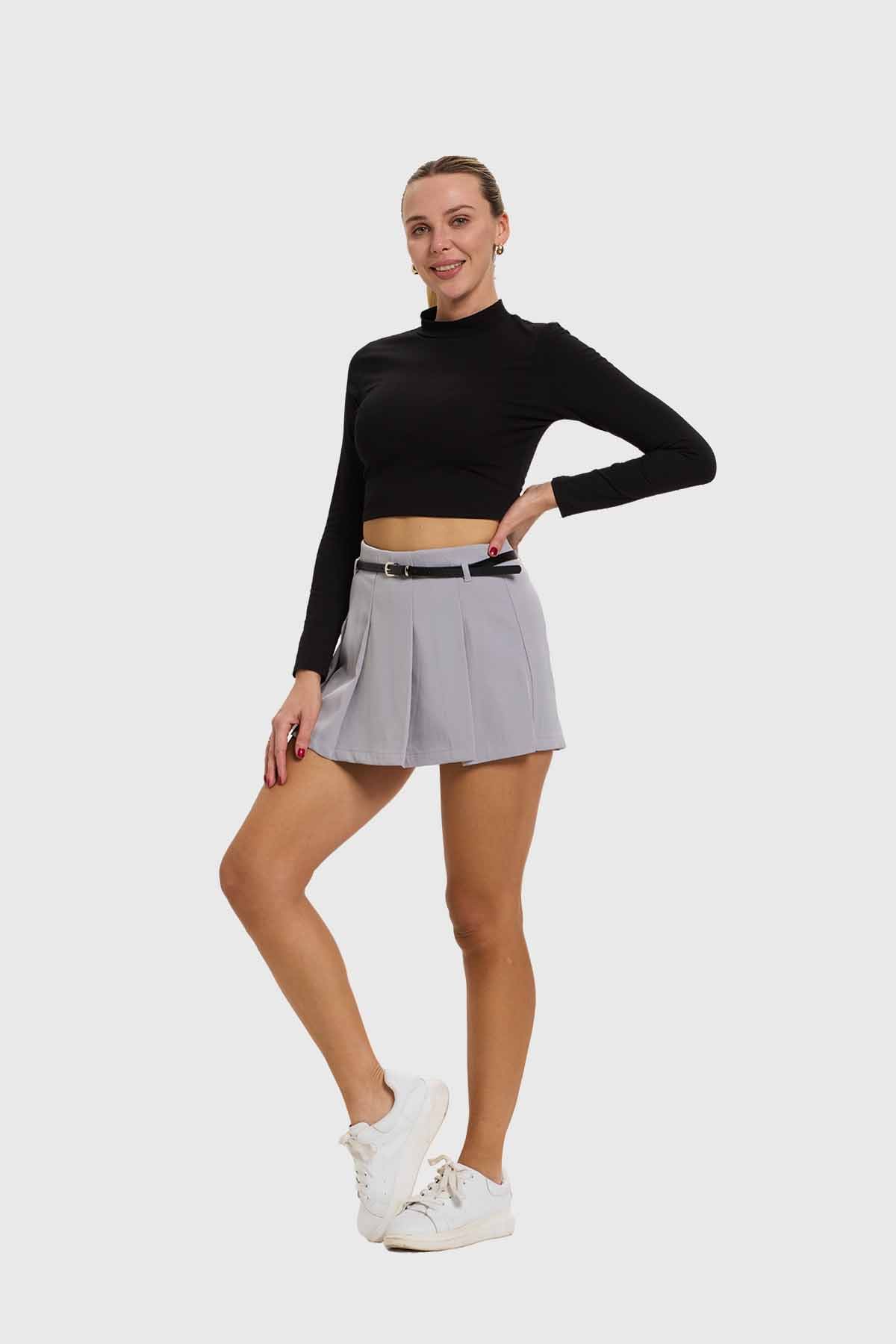 Falda Mujer Tablas Cinturón Gris