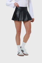 Falda Mujer Tableada Efecto Cuero Negro