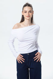 Polera Mujer Asimétrica Hombro Blanco