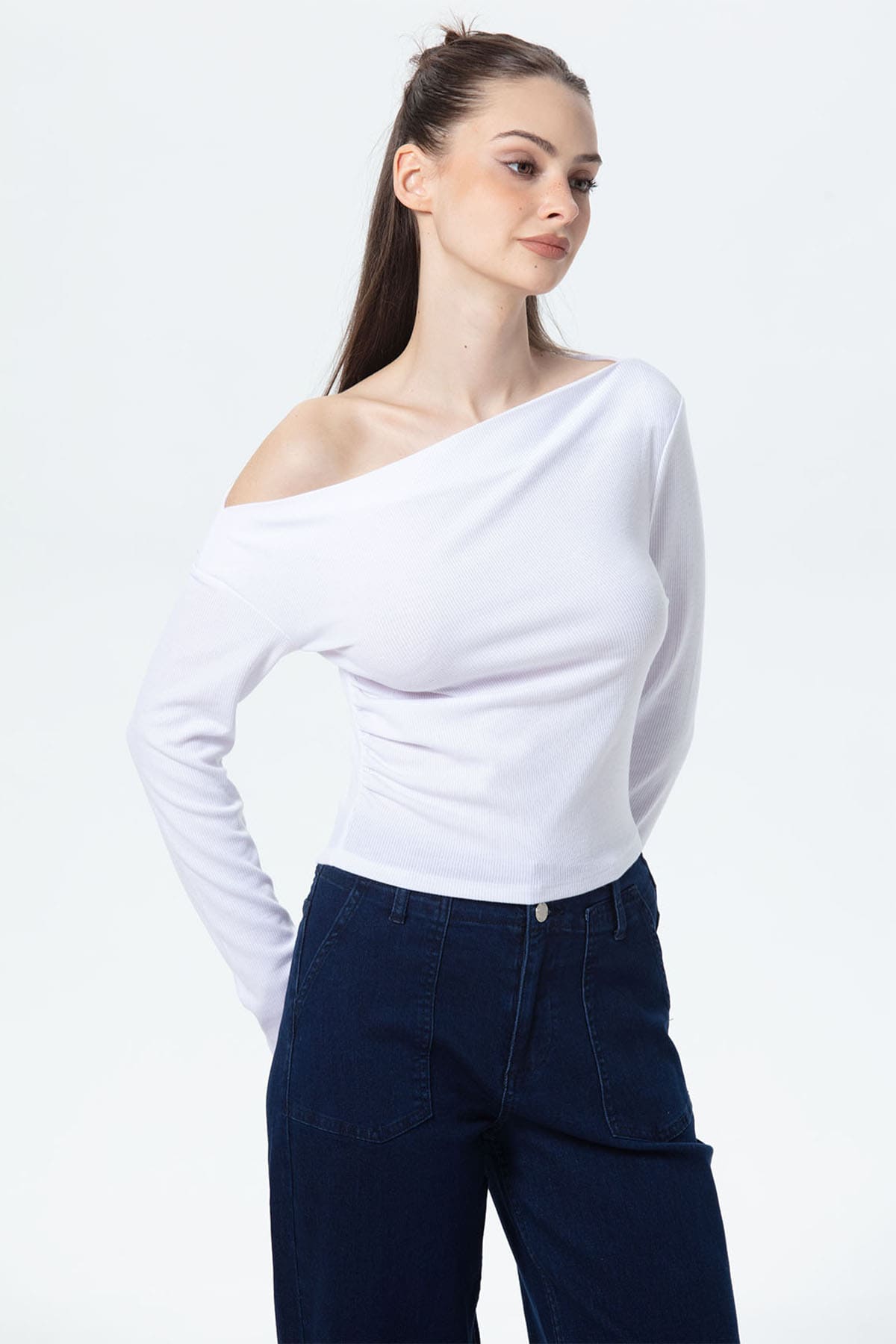 Polera Mujer Asimétrica Hombro Blanco