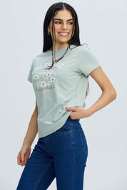Polera Mujer Básica Print Verde Agua Verde / XL