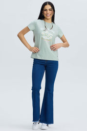 Polera Mujer Básica Print Verde Agua Verde / XL