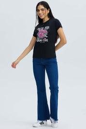 Polera Mujer Básica Print Negro / Fucsia Negro / XL