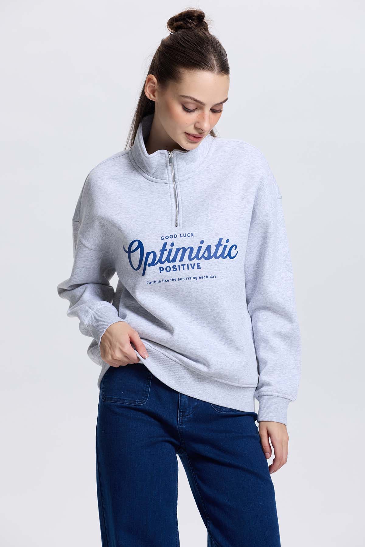 Polerón Mujer Medio Zipper Gris Melange