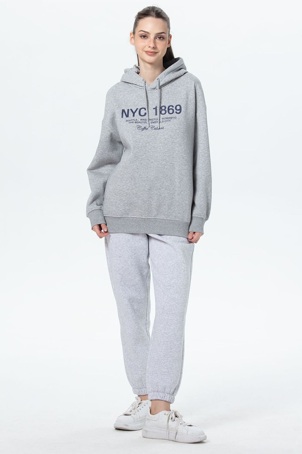 Polerón Mujer Oversize Print Gris Melange