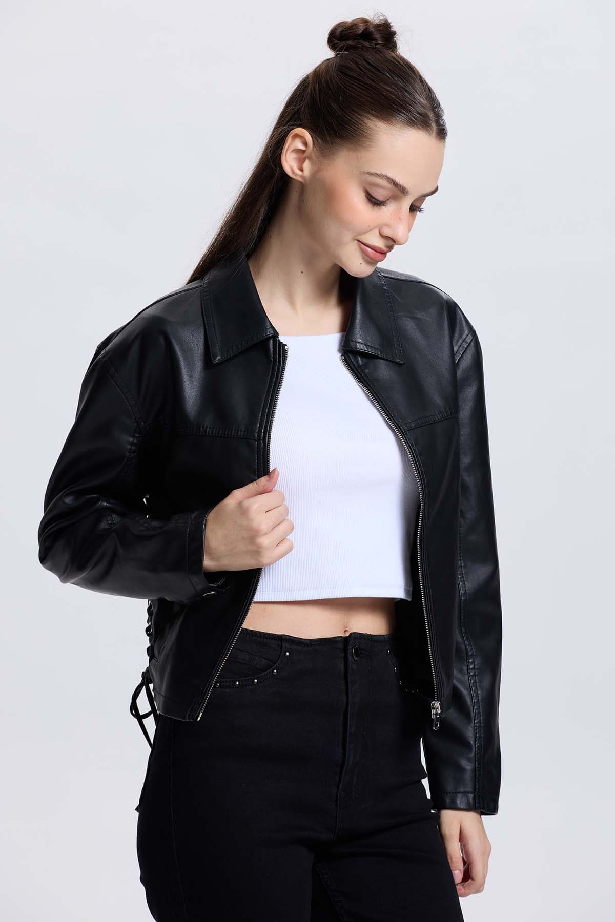 Chaqueta Mujer Efecto Cuero Negro