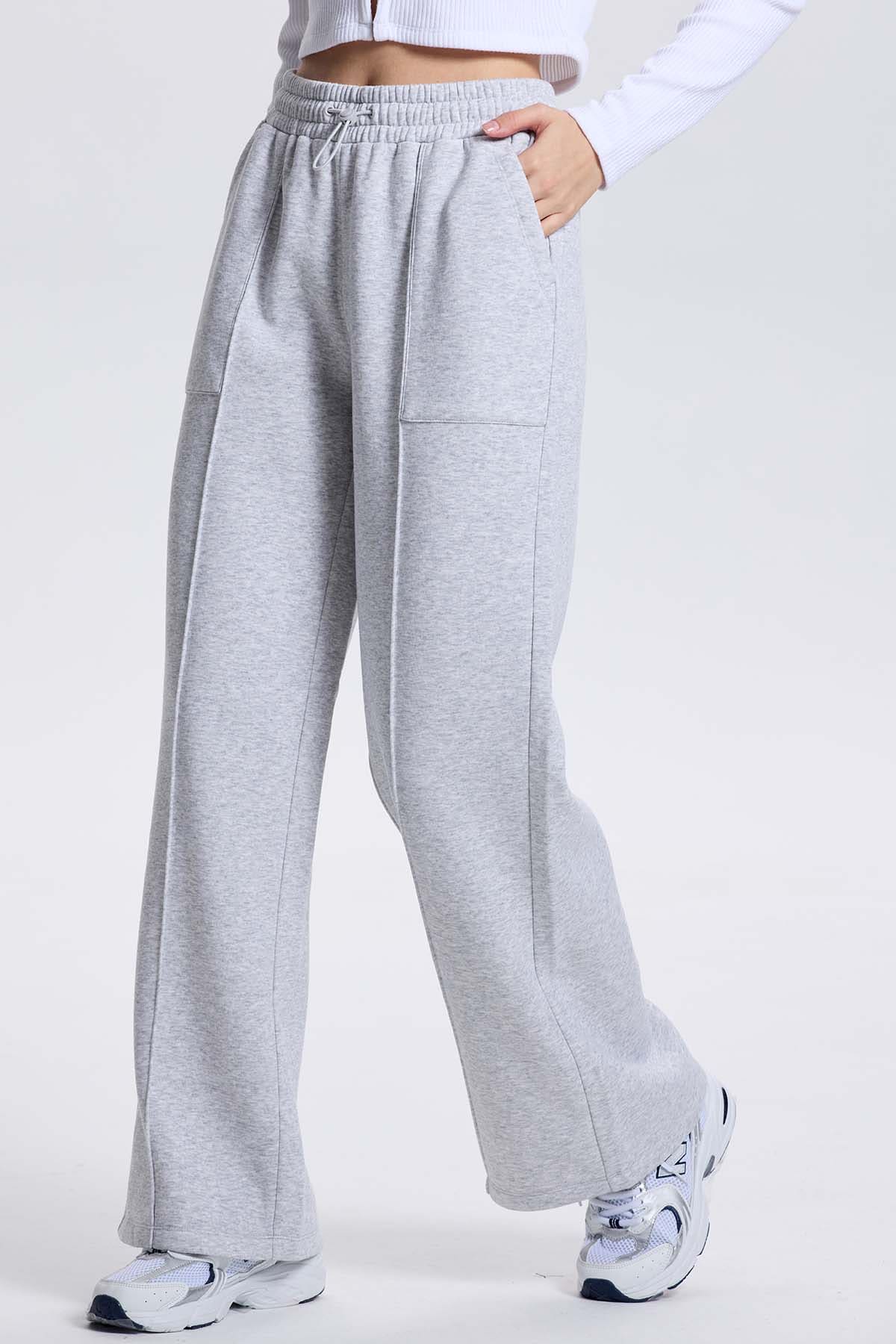 Pantalón Buzo Mujer Wide Leg Gris Melange