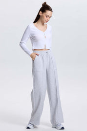 Pantalón Buzo Mujer Wide Leg Gris Melange