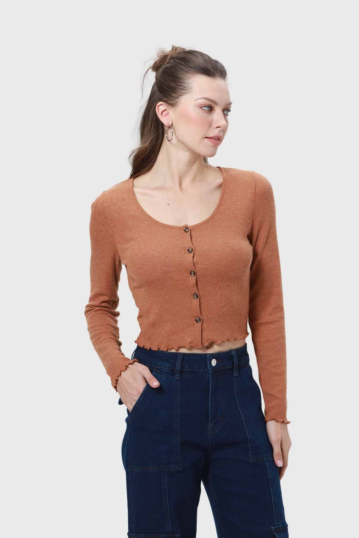 Polera Mujer Rib Botones Café