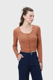 Polera Mujer Rib Botones Café