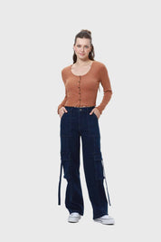 Polera Mujer Rib Botones Café