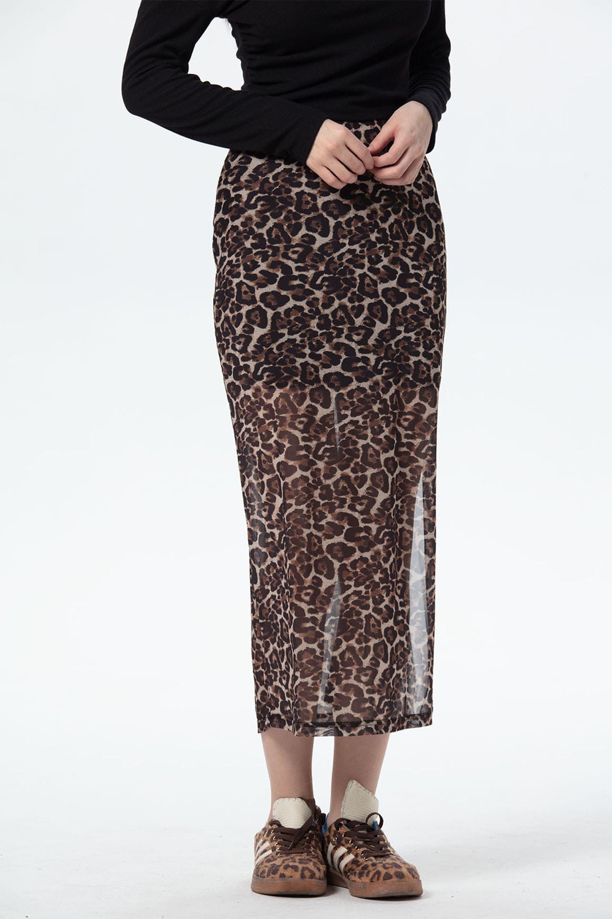 Falda Mujer Midi Leopardo Malla Café