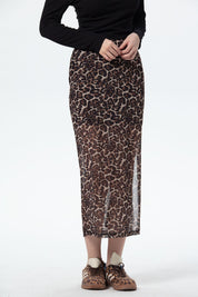 Falda Mujer Midi Leopardo Malla Café