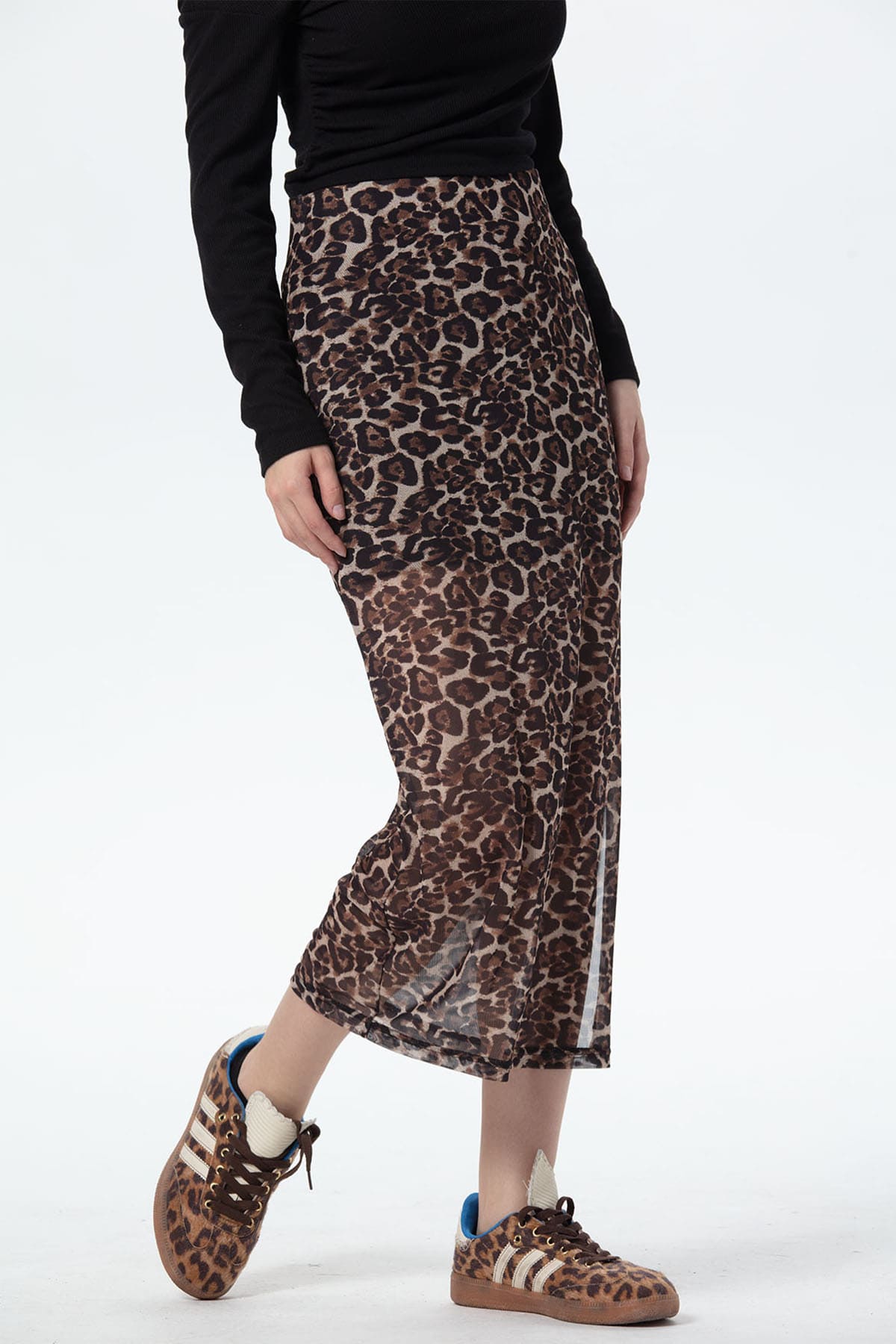 Falda Mujer Midi Leopardo Malla Café
