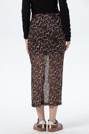 Falda Mujer Midi Leopardo Malla Café