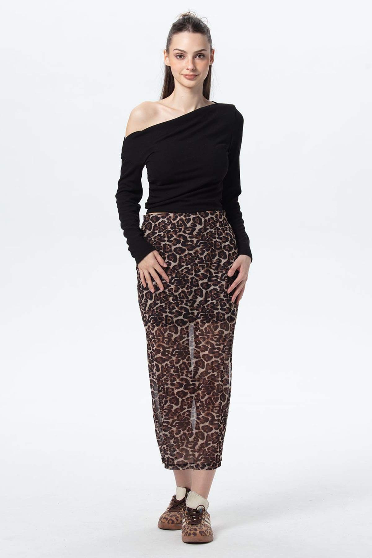 Falda Mujer Midi Leopardo Malla Café