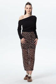 Falda Mujer Midi Leopardo Malla Café