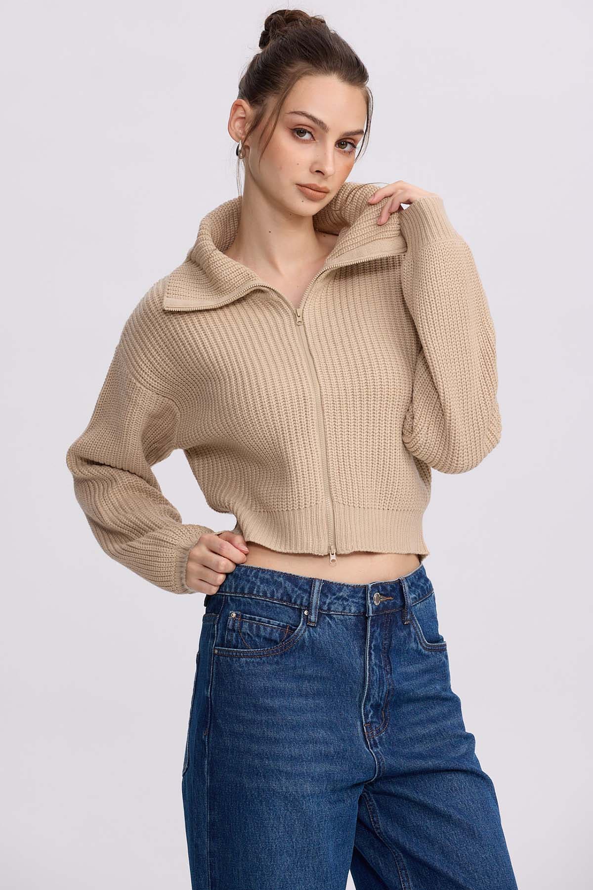 Sweater Mujer Full Zipper Beige