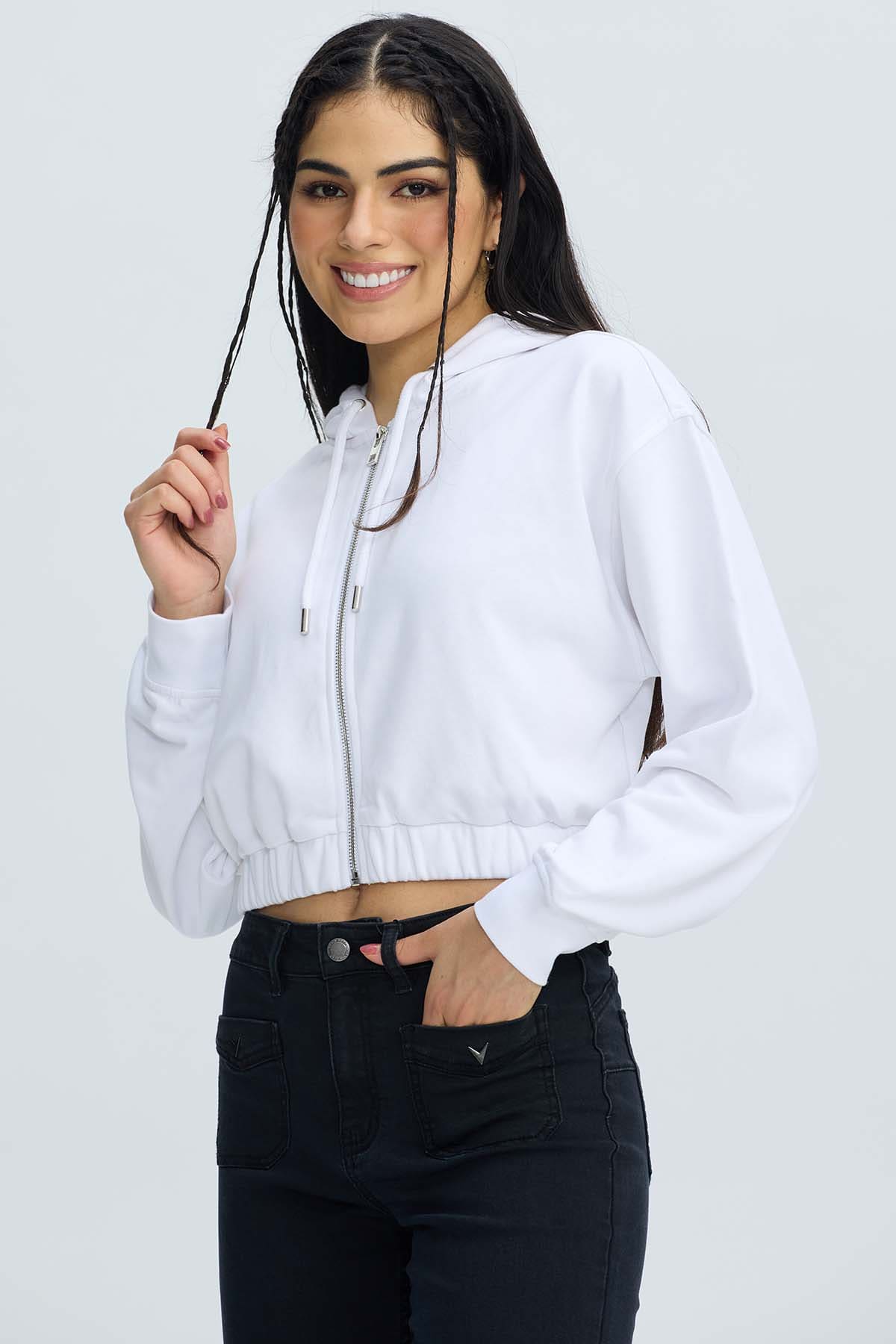 Polerón Mujer Full Zipper Crop Crudo