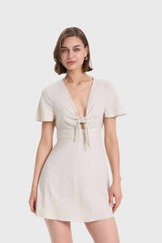 Vestido Mujer Lino Corto Aplicación Beige
