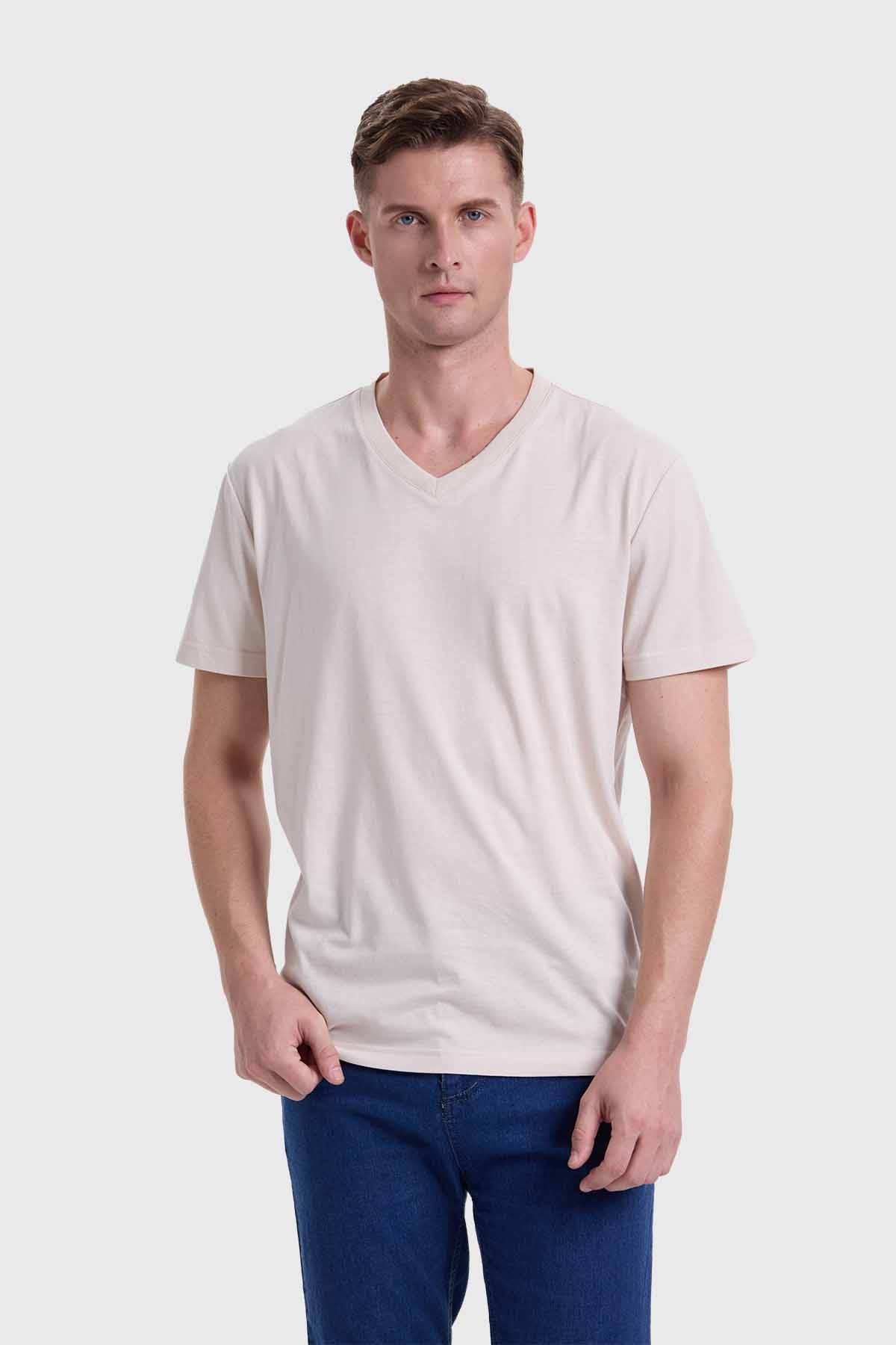 POLERA HOMBRE CUELLO V BÁSICA BEIGE