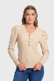 Polera Mujer Rib Pata Botón Beige