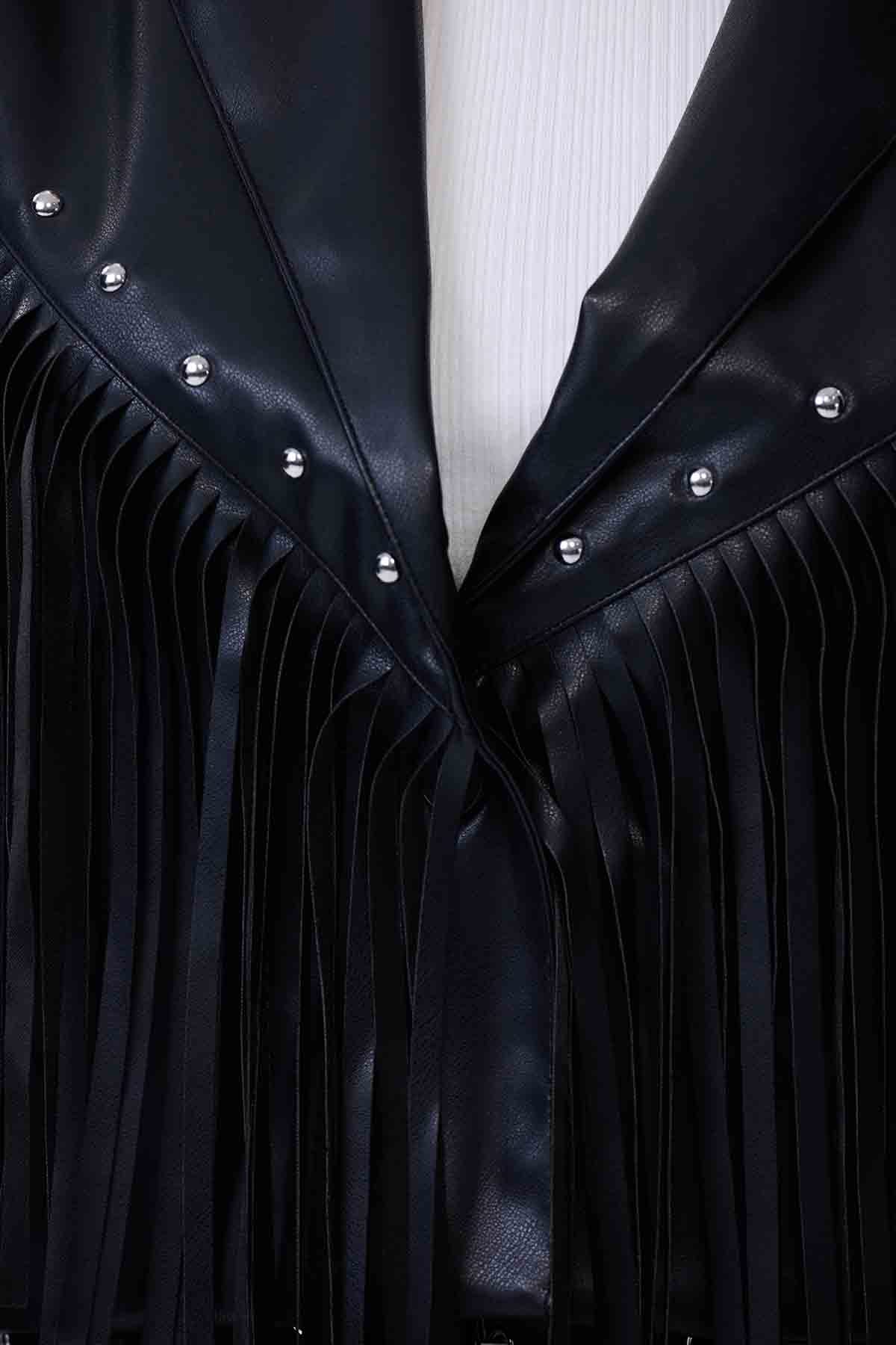 Chaqueta Mujer Efecto Cuero Flecos Negro